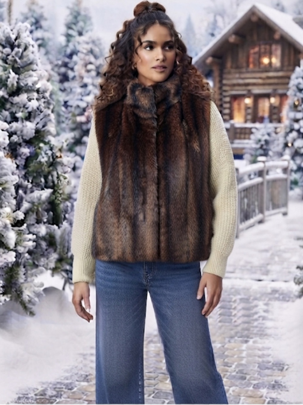 Vintage Valerie Stevens Multi Brown Faux Fur Vest Size L/XL